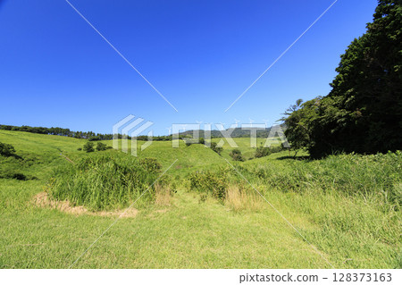 Photographing a landscape with wind turbines generating electricity against a clear blue sky 128373163