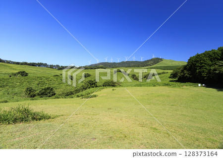 Photographing a landscape with wind turbines generating electricity against a clear blue sky Photographing a landscape with wind turbines generating electricity against a clear blue sky 128373164