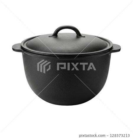 Black cast iron dutch oven with a lid and two sturdy side handles, perfect for cooking Black cast iron dutch oven with a lid and two sturdy side handles, perfect for cooking 128373213