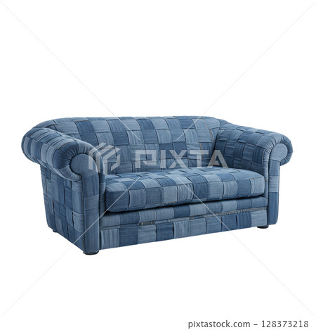 Unique two-seater sofa upholstered with blue denim patches, featuring rolled arms 128373218