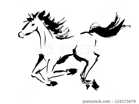 New Year's card design: Hand-drawn Japanese-style brush illustration of a running horse 128373679