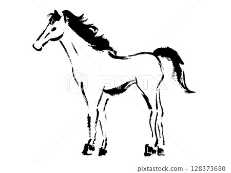 New Year's card design: Hand-drawn Japanese-style brush illustration of a running horse 128373680