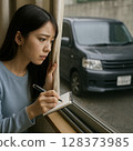 A young woman checking a suspicious car 128373985
