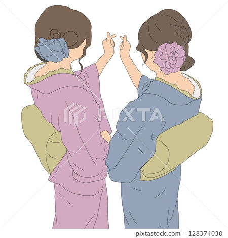 身穿和服的女子背影，用手指做出愛心形狀 128374030