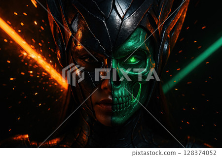 Mythic Cyber Valkyrie Helmet Revealing Half-Skull Face amid Fiery Embers and Emerald Laser Glow 128374052