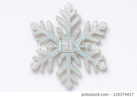 Pearlescent Microcircuit Snowflake with Icy Hexagonal Branches and Soft Neon Traces on White Background 128374057