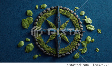 Navigating business growth with sustainable strategy is symbolized by compass made of green leaves and stones on blue background Navigating business growth with sustainable strategy is symbolized by compass made of green leaves and stones on blue background 128374278