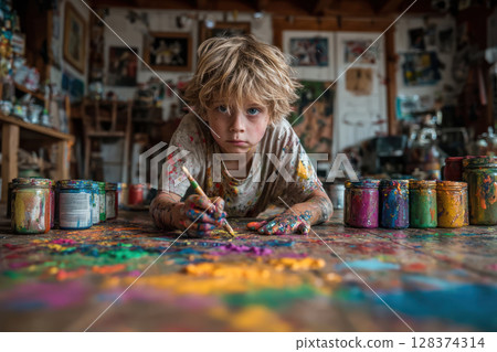 Child painting floor surrounded by colorful paint jars and splashes, showing focused and creative expression cozy art studio Child painting floor surrounded by colorful paint jars and splashes, showing focused and creative expression cozy art studio 128374314