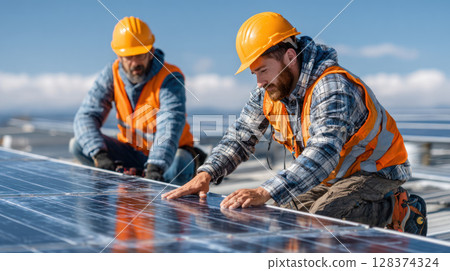 Solar panel installation workers on rooftop wearing safety helmet and vest under bright daylight sky 128374324