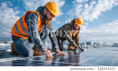 Solar panel installation workers on rooftop wearing safety gear under bright blue sky with scattered clouds 128374325