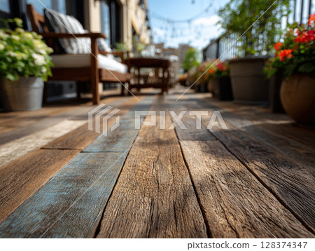 Weathered wooden deck with rustic texture and outdoor seating surrounded by potted plants and natural sunlight creating cozy 128374347