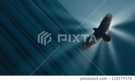 Minimal eagle soars through business environment with light rays creating dramatic and inspiring atmosphere in sky above city Minimal eagle soars through business environment with light rays creating dramatic and inspiring atmosphere in sky above city 128374378