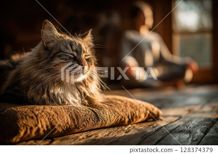 Cat resting on cushion with person meditating in background warm sunlight peaceful moment Cat resting on cushion with person meditating in background warm sunlight peaceful moment 128374379