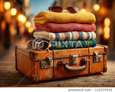 Vintage leather suitcase with colorful folded knitwear and sunglasses on wooden table warm cozy travel vibe 128374416