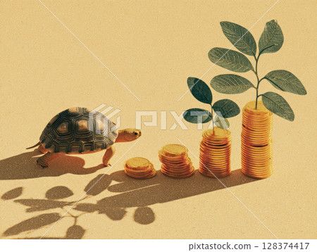 Slow finance for sustainable future is symbolized by turtle walking beside growing plants on stacks of coins showing steady progress and growth 128374417