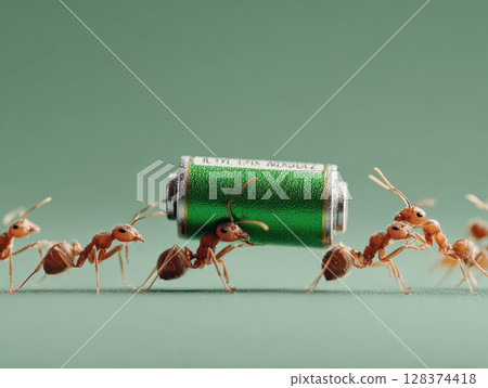 Ant inspired ants work together carrying green battery symbolizing sustainable business and ecosystem cooperation in natural teamwork concept 128374418