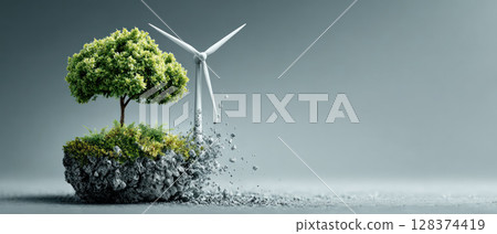 Green tree and wind turbine symbolize growth through renewable energy and innovation in sustainable environment 128374419