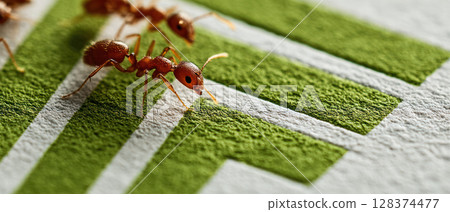 Ant inspired teamwork sustainable business ecosystem shows nature efficiency and collaboration close up macro image of ants textured surface 128374477
