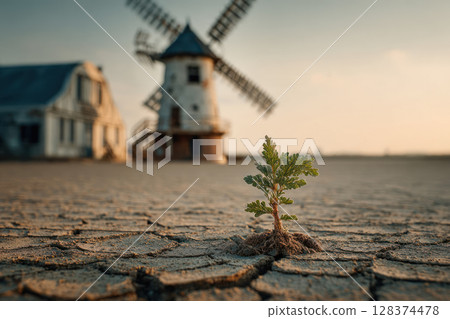 Small green plant shows growth through dry cracked soil symbolizing renewable energy and innovation for sustainable future 128374478
