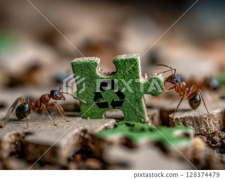 Ant inspired ants carry sustainable green puzzle piece symbolizing recycling in natural business ecosystem scene 128374479