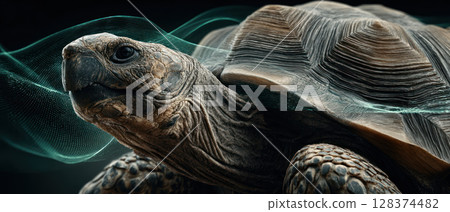 Slow tortoise symbolizes finance for sustainable future with its textured shell and wrinkled skin in dark background with flowing light lines 128374482