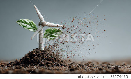 Green leaves and soil show growth through renewable energy innovation with wind turbine symbolizing clean power and environmental progress 128374483