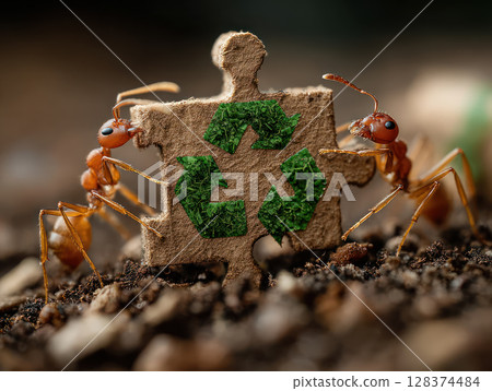 Ant inspired teamwork in sustainable ecosystem shows business cooperation with recycled puzzle piece symbolizing green efforts and nature care Ant inspired teamwork in sustainable ecosystem shows business cooperation with recycled puzzle piece symbolizing green efforts and nature care 128374484
