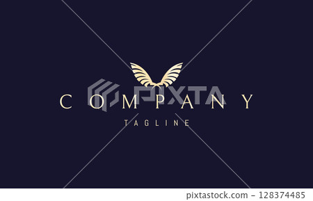 A vector golden logo featuring an abstract image a pair of crossed wings rendered in a clean, geometric style, symbolizing freedom, protection. A vector golden logo featuring an abstract image a pair of crossed wings rendered in a clean, geometric style, symbolizing freedom, protection. 128374485