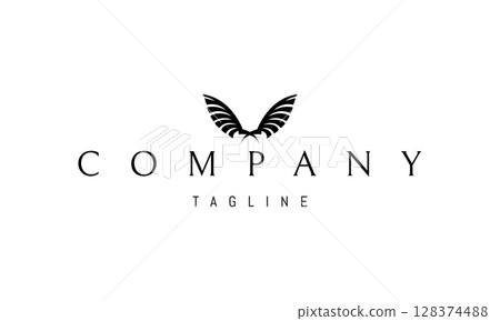 A vector logo featuring an abstract image a pair of crossed wings rendered in a clean, geometric style, symbolizing freedom, protection, and balance. 128374488