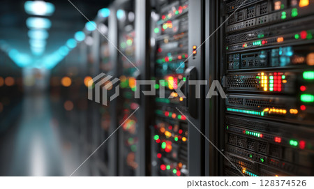 Modern server rack with multiple blade servers running hypervisor systems LED status lights blinking organized patterns data Modern server rack with multiple blade servers running hypervisor systems LED status lights blinking organized patterns data 128374526