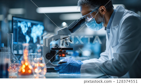 Research scientist using microscope laboratory with scientific equipment and digital screen showing global data for biotech 128374551