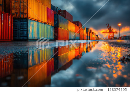 Freight cargo container shipment stacked at port with reflection on wet ground under moody sky during sunset 128374595
