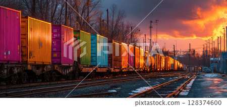 Freight cargo container shipment train on railway tracks at sunset with colorful containers and glowing sky in background Freight cargo container shipment train on railway tracks at sunset with colorful containers and glowing sky in background 128374600