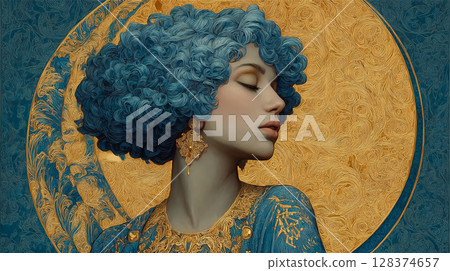 Fantastic portrait of a woman in profile with blue hair and gold decoration 128374657