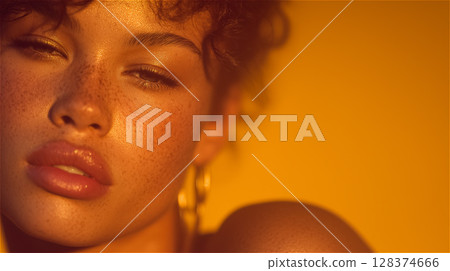 The soft gaze of a woman dozing in the sunset 128374666