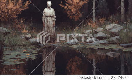 A fantasy landscape of a masked figure standing alone by the water and red trees 128374681