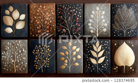 A set of 10 antique botanical panels depicting gold leaves and berries. 128374695