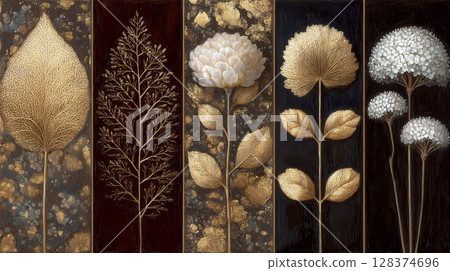 A bold botanical decorative design with golden leaves and flowers. 128374696