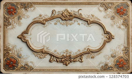 Vintage style card frame with floral and gold decoration Vintage style card frame with floral and gold decoration 128374703