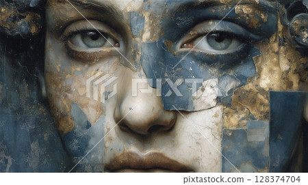 Close-up of a mysterious woman's face painted on a cracked wall Close-up of a mysterious woman's face painted on a cracked wall 128374704