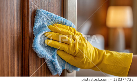 Cleaning disinfect with yellow glove and blue cloth on wooden surface to prevent virus spread and mysophobia in cozy indoor setting Cleaning disinfect with yellow glove and blue cloth on wooden surface to prevent virus spread and mysophobia in cozy indoor setting 128374722