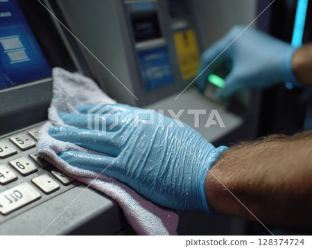 Cleaning and disinfecting ATM keypad with gloves to prevent virus spread and protect against mysophobia in public spaces 128374724
