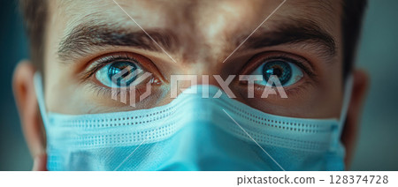 Close up of person with blue eyes wearing face mask showing fear and caution due to mysophobia while holding sanitizer for protection 128374728