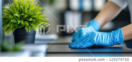 Person wearing blue gloves cleaning surface with disinfect to prevent virus spread showing mysophobia care and thorough cleaning habit 128374730