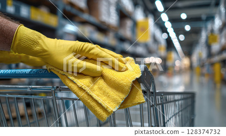 Cleaning with yellow gloves and cloth in warehouse shows disinfect effort to prevent virus spread and mysophobia in public spaces for safety 128374732