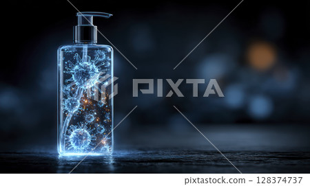 Hand sanitizer bottle glows with virus particles inside symbolizing hygiene and mysophobia protection in dark blurred background setting 128374737