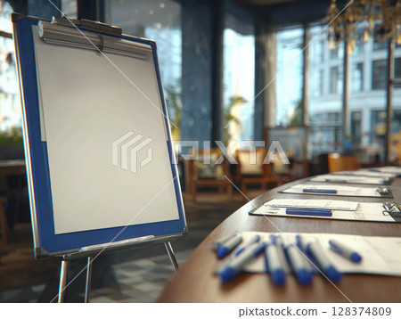Blank flip chart on stand with pens and documents on table in professional meeting room ready for services and presentations in modern office space Blank flip chart on stand with pens and documents on table in professional meeting room ready for services and presentations in modern office space 128374809