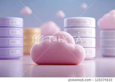 Cloud computing servers concept with soft pink cloud shape and blurred server stacks in background for technology data storage Cloud computing servers concept with soft pink cloud shape and blurred server stacks in background for technology data storage 128374810