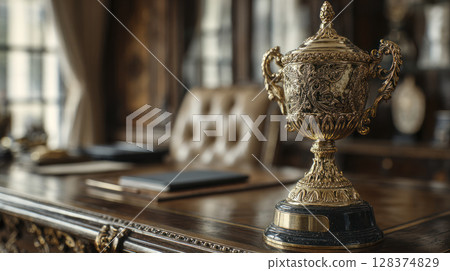 Golden trophy cup on wooden desk symbolizes success and growth in classic office setting with elegant decor and warm lighting 128374829