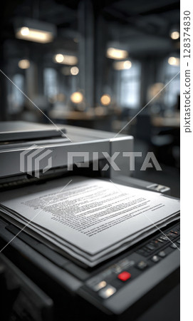 Modern office printer producing documents with technology in business environments showing paper and machine details in focus 128374830